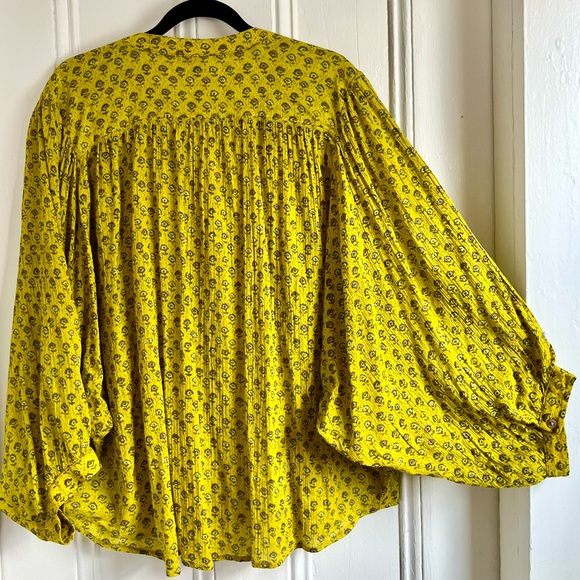 Pilcro for Anthropologie pretty Floral print chartreuse peasant top, XL - Picture 2 of 6